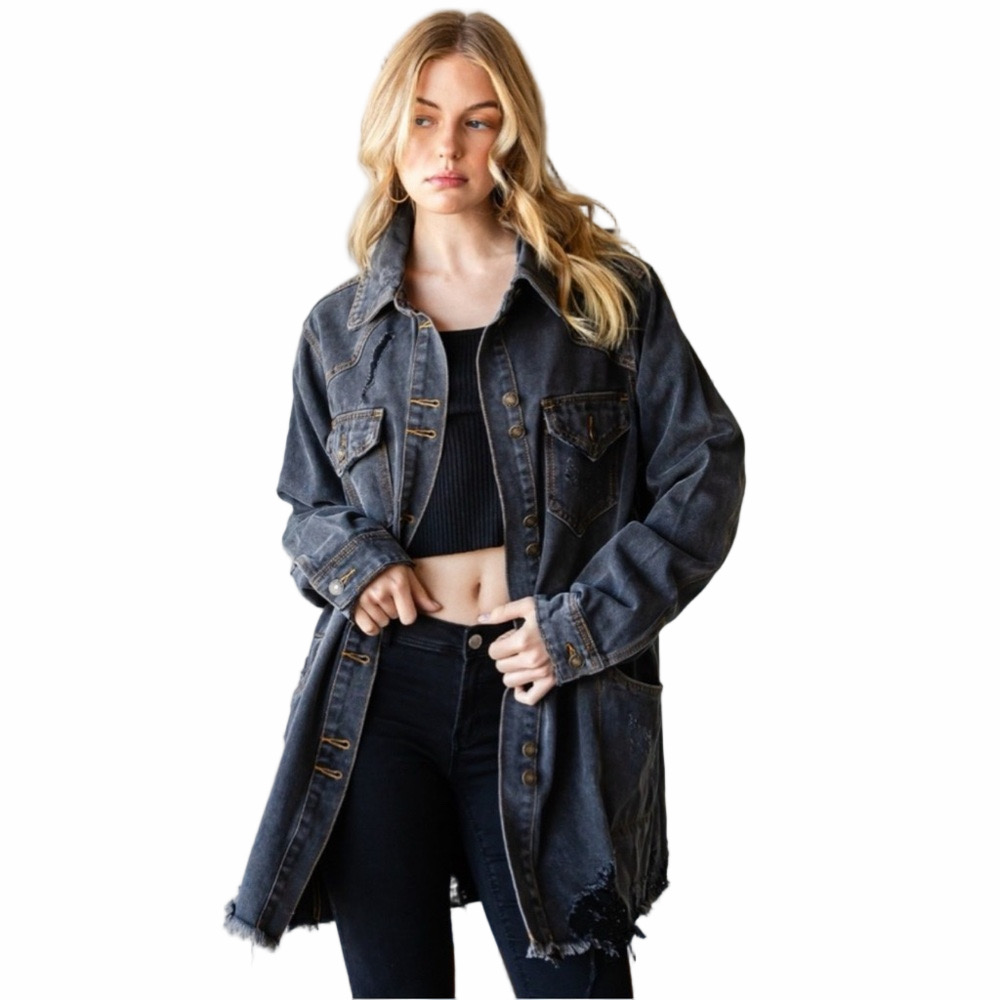 Veveret Black Distressed Denim Longline Shacket Jacket Oversized Grunge Small